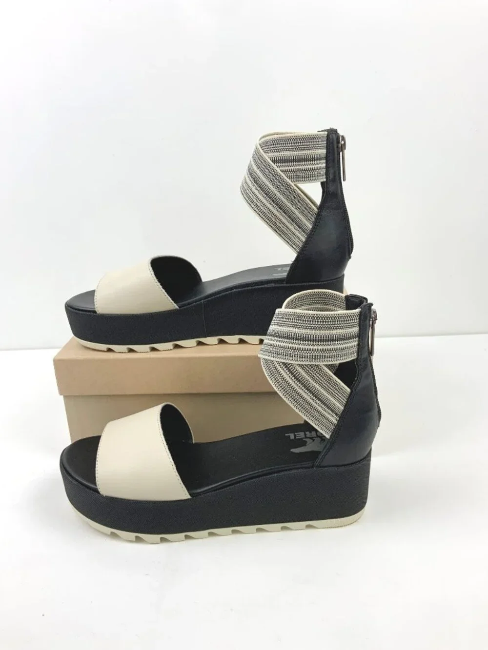 SOREL Dayspring Ankle Strap Platform Sandals Cream/Black Sz 8.5 - Picture 1 of 16